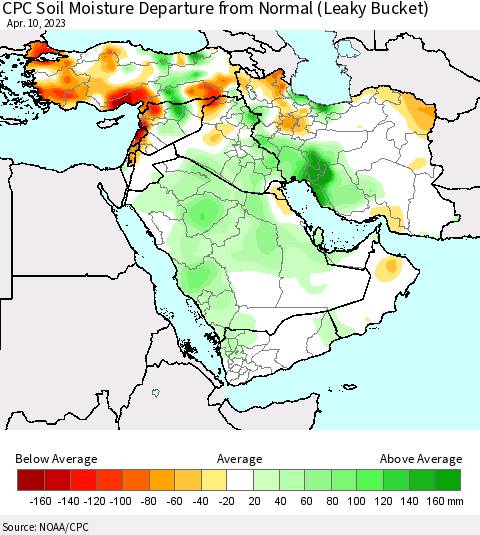Middle East and Turkey CPC Soil Moisture Departure from Normal (Leaky Bucket) Thematic Map For 4/6/2023 - 4/10/2023