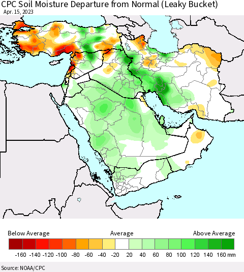 Middle East and Turkey CPC Soil Moisture Departure from Normal (Leaky Bucket) Thematic Map For 4/11/2023 - 4/15/2023