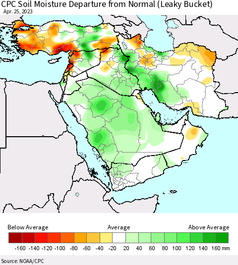 Middle East and Turkey CPC Soil Moisture Departure from Normal (Leaky Bucket) Thematic Map For 4/21/2023 - 4/25/2023