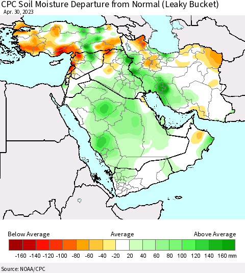 Middle East and Turkey CPC Soil Moisture Departure from Normal (Leaky Bucket) Thematic Map For 4/26/2023 - 4/30/2023