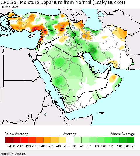 Middle East and Turkey CPC Soil Moisture Departure from Normal (Leaky Bucket) Thematic Map For 5/1/2023 - 5/5/2023