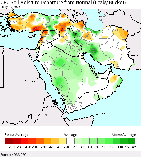 Middle East and Turkey CPC Soil Moisture Departure from Normal (Leaky Bucket) Thematic Map For 5/6/2023 - 5/10/2023