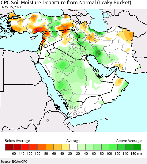 Middle East and Turkey CPC Soil Moisture Departure from Normal (Leaky Bucket) Thematic Map For 5/11/2023 - 5/15/2023