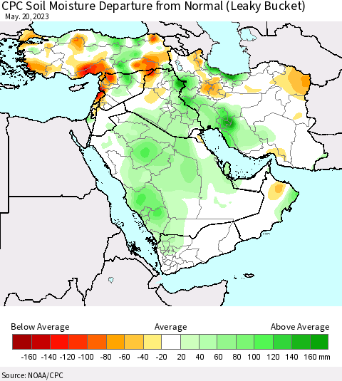 Middle East and Turkey CPC Soil Moisture Departure from Normal (Leaky Bucket) Thematic Map For 5/16/2023 - 5/20/2023