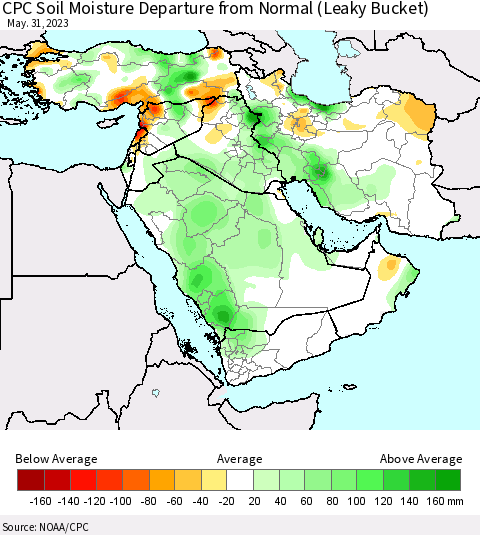 Middle East and Turkey CPC Soil Moisture Departure from Normal (Leaky Bucket) Thematic Map For 5/26/2023 - 5/31/2023