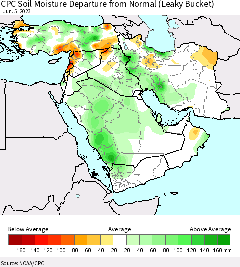 Middle East and Turkey CPC Soil Moisture Departure from Normal (Leaky Bucket) Thematic Map For 6/1/2023 - 6/5/2023