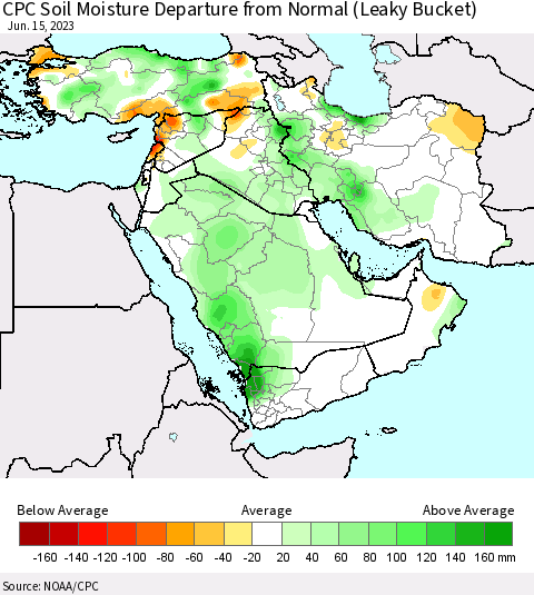 Middle East and Turkey CPC Soil Moisture Departure from Normal (Leaky Bucket) Thematic Map For 6/11/2023 - 6/15/2023