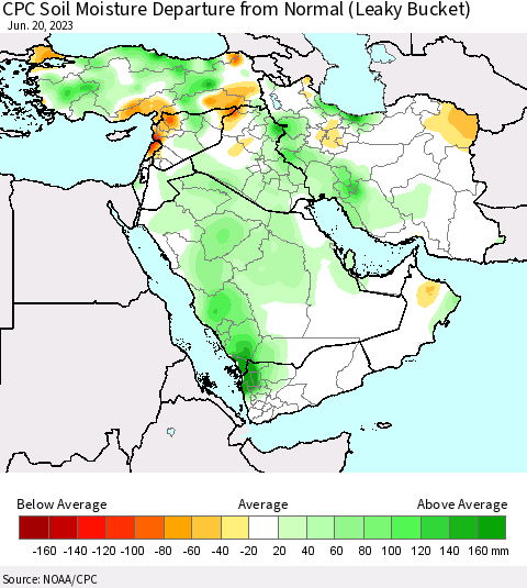 Middle East and Turkey CPC Soil Moisture Departure from Normal (Leaky Bucket) Thematic Map For 6/16/2023 - 6/20/2023