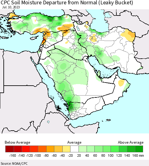 Middle East and Turkey CPC Soil Moisture Departure from Normal (Leaky Bucket) Thematic Map For 7/6/2023 - 7/10/2023