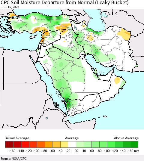 Middle East and Turkey CPC Soil Moisture Departure from Normal (Leaky Bucket) Thematic Map For 7/11/2023 - 7/15/2023