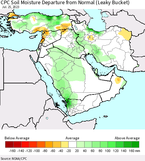 Middle East and Turkey CPC Soil Moisture Departure from Normal (Leaky Bucket) Thematic Map For 7/21/2023 - 7/25/2023