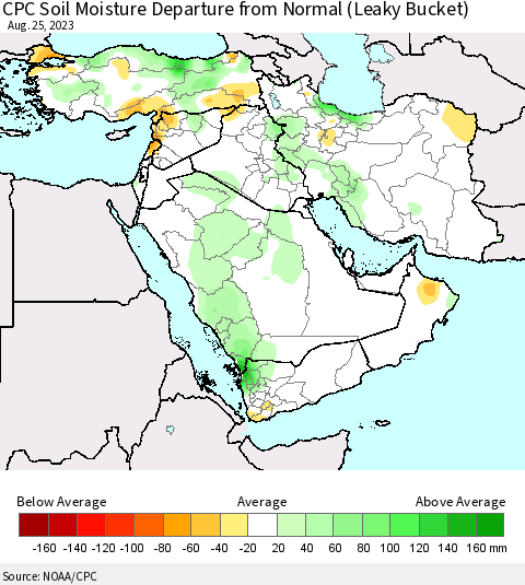 Middle East and Turkey CPC Soil Moisture Departure from Normal (Leaky Bucket) Thematic Map For 8/21/2023 - 8/25/2023