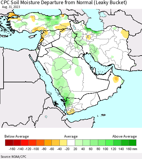 Middle East and Turkey CPC Soil Moisture Departure from Normal (Leaky Bucket) Thematic Map For 8/26/2023 - 8/31/2023