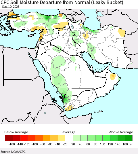 Middle East and Turkey CPC Soil Moisture Departure from Normal (Leaky Bucket) Thematic Map For 9/6/2023 - 9/10/2023