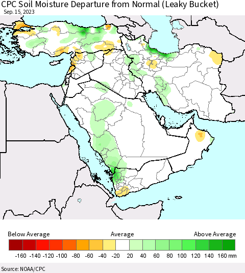 Middle East and Turkey CPC Soil Moisture Departure from Normal (Leaky Bucket) Thematic Map For 9/11/2023 - 9/15/2023