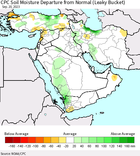 Middle East and Turkey CPC Soil Moisture Departure from Normal (Leaky Bucket) Thematic Map For 9/16/2023 - 9/20/2023