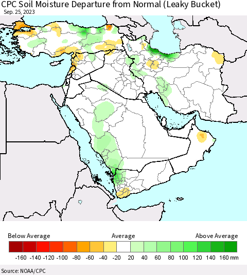 Middle East and Turkey CPC Soil Moisture Departure from Normal (Leaky Bucket) Thematic Map For 9/21/2023 - 9/25/2023