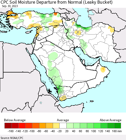 Middle East and Turkey CPC Soil Moisture Departure from Normal (Leaky Bucket) Thematic Map For 9/26/2023 - 9/30/2023