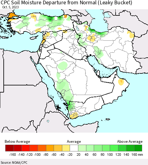 Middle East and Turkey CPC Soil Moisture Departure from Normal (Leaky Bucket) Thematic Map For 10/1/2023 - 10/5/2023
