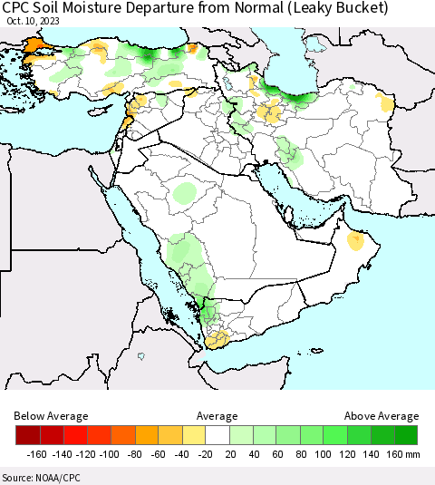 Middle East and Turkey CPC Soil Moisture Departure from Normal (Leaky Bucket) Thematic Map For 10/6/2023 - 10/10/2023