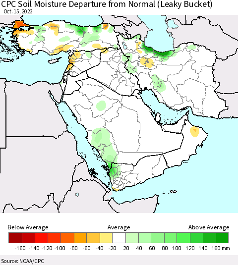 Middle East and Turkey CPC Soil Moisture Departure from Normal (Leaky Bucket) Thematic Map For 10/11/2023 - 10/15/2023