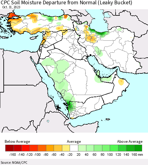Middle East and Turkey CPC Soil Moisture Departure from Normal (Leaky Bucket) Thematic Map For 10/26/2023 - 10/31/2023