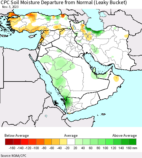 Middle East and Turkey CPC Soil Moisture Departure from Normal (Leaky Bucket) Thematic Map For 11/1/2023 - 11/5/2023