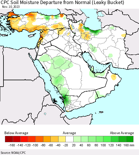 Middle East and Turkey CPC Soil Moisture Departure from Normal (Leaky Bucket) Thematic Map For 11/6/2023 - 11/10/2023