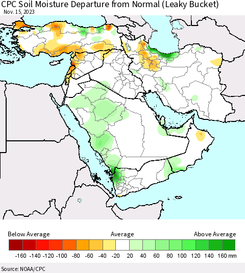 Middle East and Turkey CPC Soil Moisture Departure from Normal (Leaky Bucket) Thematic Map For 11/11/2023 - 11/15/2023