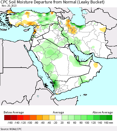 Middle East and Turkey CPC Soil Moisture Departure from Normal (Leaky Bucket) Thematic Map For 11/16/2023 - 11/20/2023