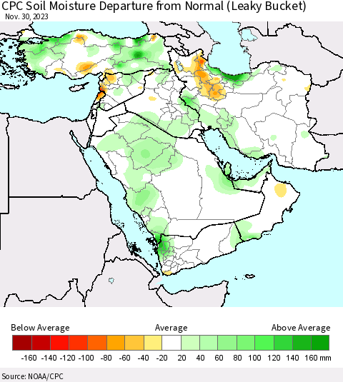 Middle East and Turkey CPC Soil Moisture Departure from Normal (Leaky Bucket) Thematic Map For 11/26/2023 - 11/30/2023