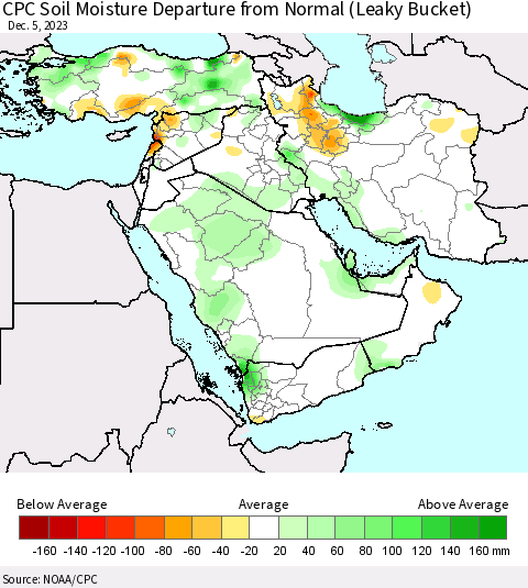 Middle East and Turkey CPC Soil Moisture Departure from Normal (Leaky Bucket) Thematic Map For 12/1/2023 - 12/5/2023