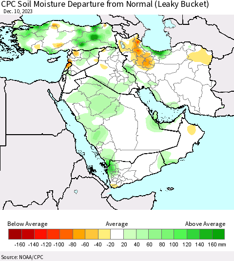 Middle East and Turkey CPC Soil Moisture Departure from Normal (Leaky Bucket) Thematic Map For 12/6/2023 - 12/10/2023