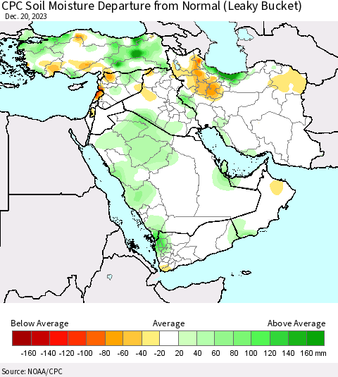Middle East and Turkey CPC Soil Moisture Departure from Normal (Leaky Bucket) Thematic Map For 12/16/2023 - 12/20/2023