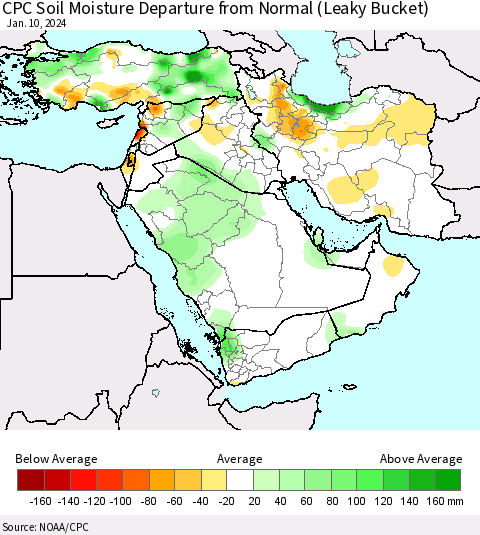 Middle East and Turkey CPC Soil Moisture Departure from Normal (Leaky Bucket) Thematic Map For 1/6/2024 - 1/10/2024