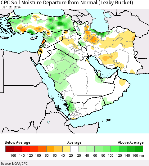 Middle East and Turkey CPC Soil Moisture Departure from Normal (Leaky Bucket) Thematic Map For 1/16/2024 - 1/20/2024