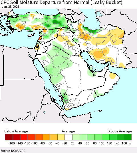 Middle East and Turkey CPC Soil Moisture Departure from Normal (Leaky Bucket) Thematic Map For 1/21/2024 - 1/25/2024