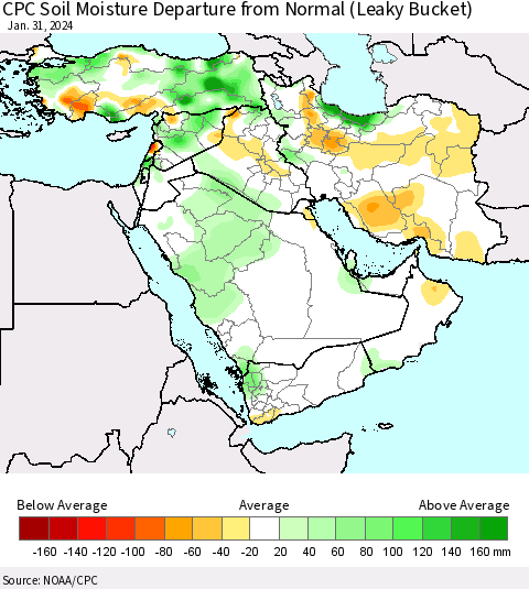 Middle East and Turkey CPC Soil Moisture Departure from Normal (Leaky Bucket) Thematic Map For 1/26/2024 - 1/31/2024