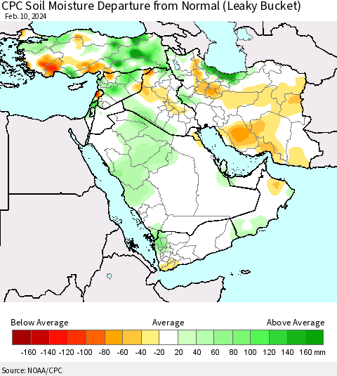 Middle East and Turkey CPC Soil Moisture Departure from Normal (Leaky Bucket) Thematic Map For 2/6/2024 - 2/10/2024