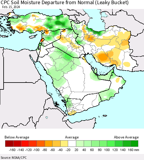 Middle East and Turkey CPC Soil Moisture Departure from Normal (Leaky Bucket) Thematic Map For 2/11/2024 - 2/15/2024