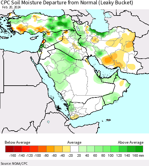 Middle East and Turkey CPC Soil Moisture Departure from Normal (Leaky Bucket) Thematic Map For 2/16/2024 - 2/20/2024