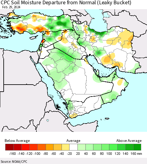 Middle East and Turkey CPC Soil Moisture Departure from Normal (Leaky Bucket) Thematic Map For 2/26/2024 - 2/29/2024