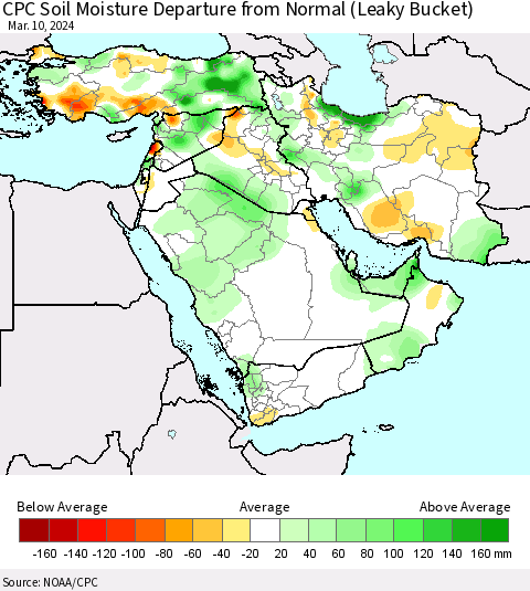 Middle East and Turkey CPC Soil Moisture Departure from Normal (Leaky Bucket) Thematic Map For 3/6/2024 - 3/10/2024