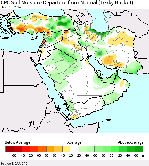 Middle East and Turkey CPC Soil Moisture Departure from Normal (Leaky Bucket) Thematic Map For 3/11/2024 - 3/15/2024