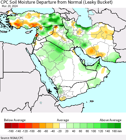 Middle East and Turkey CPC Soil Moisture Departure from Normal (Leaky Bucket) Thematic Map For 3/16/2024 - 3/20/2024