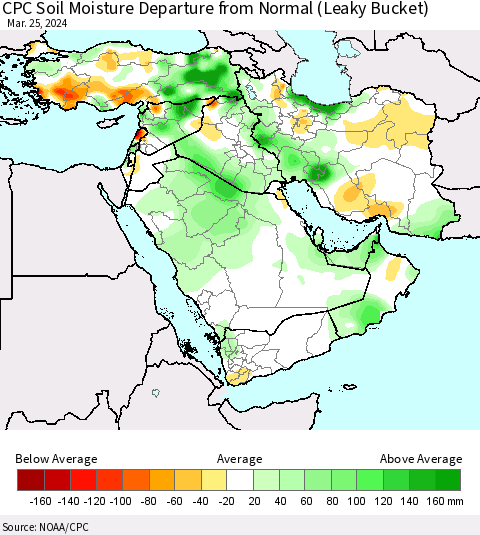 Middle East and Turkey CPC Soil Moisture Departure from Normal (Leaky Bucket) Thematic Map For 3/21/2024 - 3/25/2024