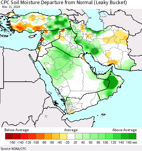 Middle East and Turkey CPC Soil Moisture Departure from Normal (Leaky Bucket) Thematic Map For 3/26/2024 - 3/31/2024