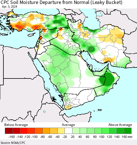 Middle East and Turkey CPC Soil Moisture Departure from Normal (Leaky Bucket) Thematic Map For 4/1/2024 - 4/5/2024