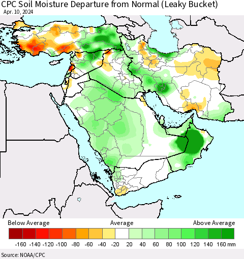 Middle East and Turkey CPC Soil Moisture Departure from Normal (Leaky Bucket) Thematic Map For 4/6/2024 - 4/10/2024