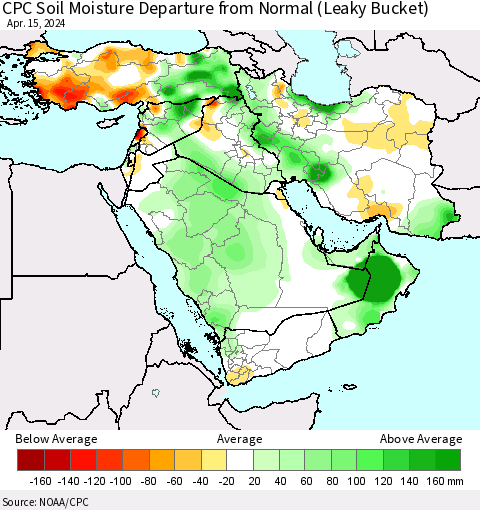 Middle East and Turkey CPC Soil Moisture Departure from Normal (Leaky Bucket) Thematic Map For 4/11/2024 - 4/15/2024